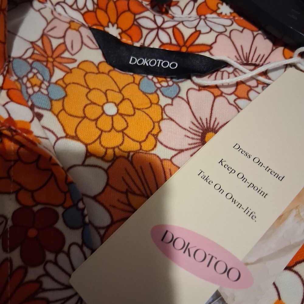 DOKOTOO- Floral Orange Midi Dress with Tiered Skirt - Picture 8 of 9